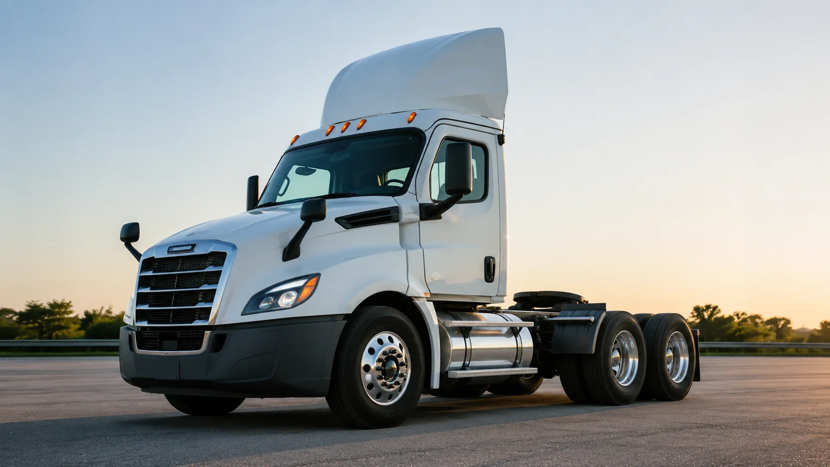 White semi-truck at sunrise